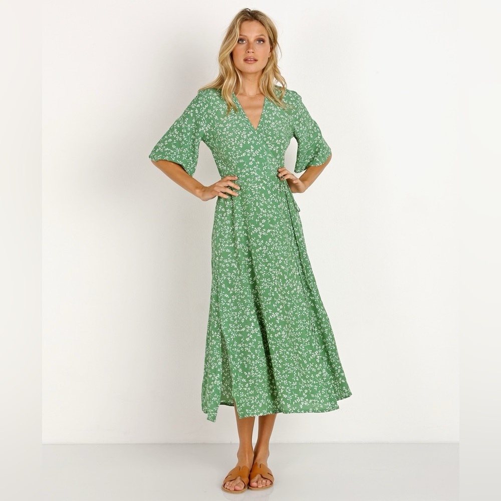 Faithfull The Brand Rivera Midi Wrap Dress in Violette Printed Green